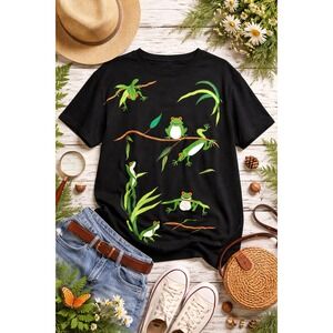 Bechamel Women's Embroidered Tree Frog VTG Shirt Black Cotton Short Sleeve Large